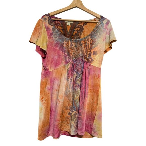 One World Womens Rainbow Tie-Dye Short Sleeve Blouse Boho Paisley Print Size L - Picture 1 of 6